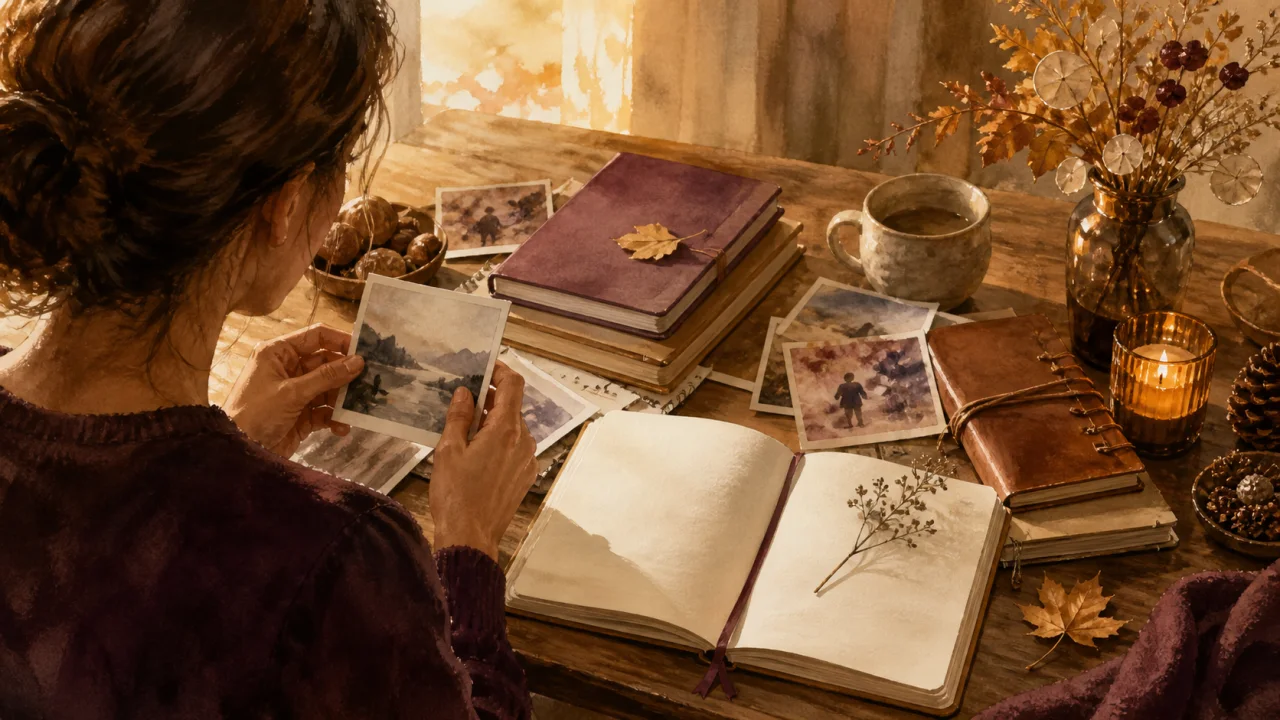 Personne relisant des carnets et des photos autour d’une table chaleureuse en fin d’année