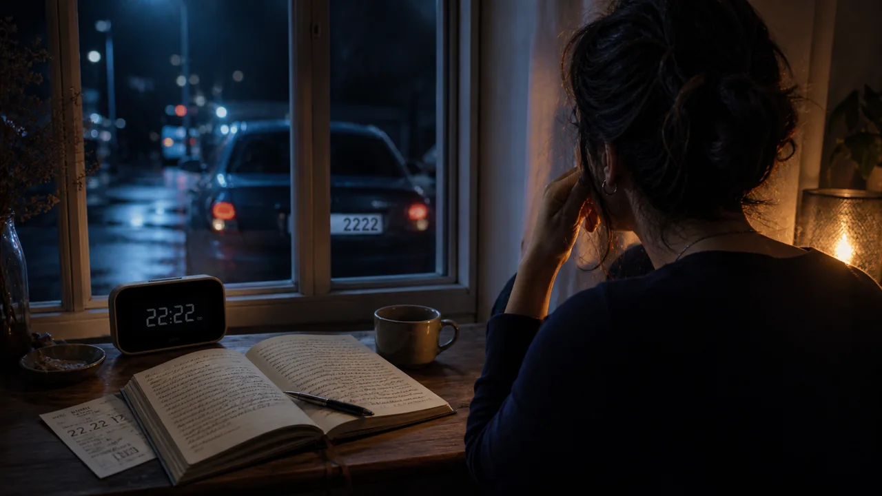Personne contemplant une horloge numérique, un carnet et des nombres récurrents dans une ambiance nocturne bleu nuit et dorée