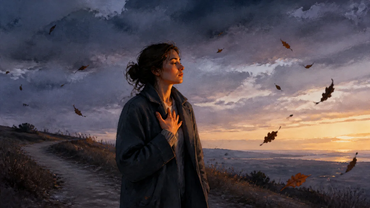 Femme immobile sur un chemin au crépuscule tandis que le vent agite les feuilles