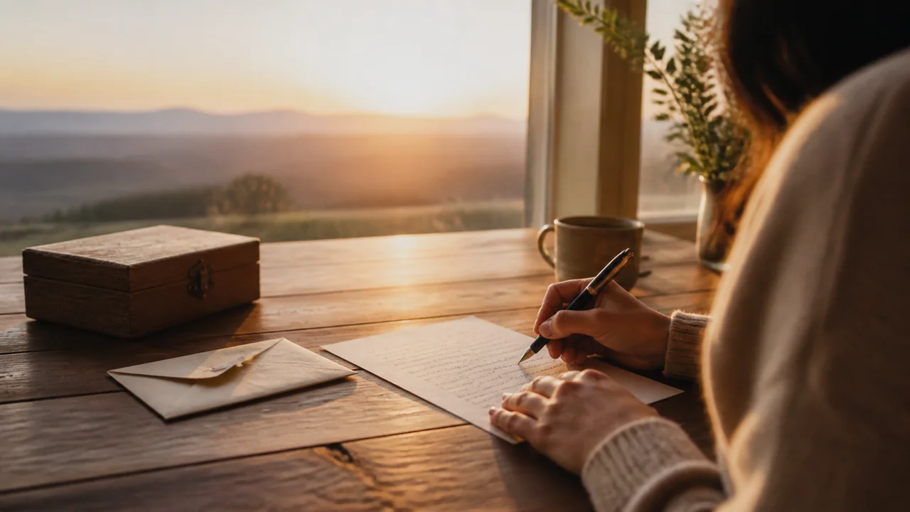 Personne écrivant une lettre près d’une fenêtre lumineuse avec une enveloppe et un horizon doux