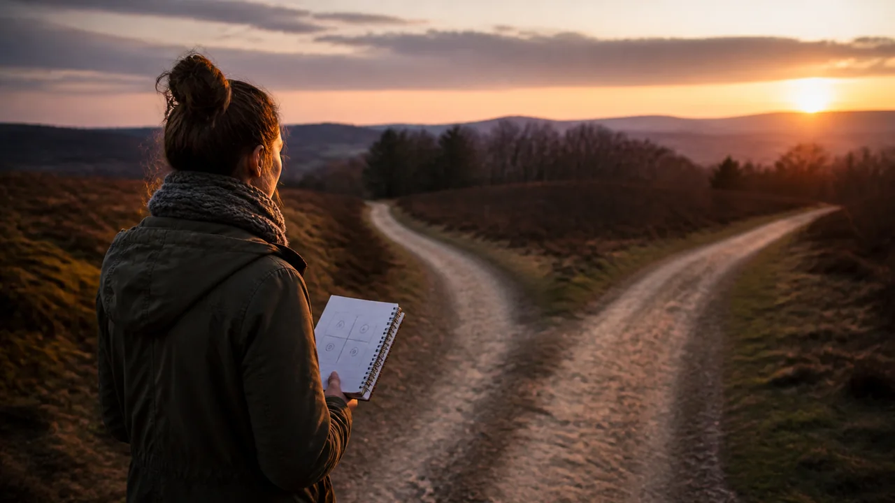 Personne devant deux chemins au crépuscule avec une lumière dorée guidant un premier pas