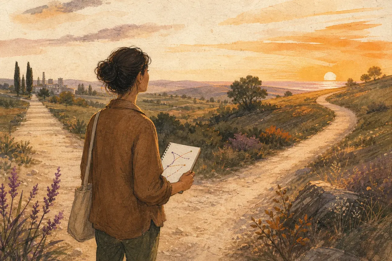 Personne avec un carnet observant deux chemins possibles au coucher du soleil