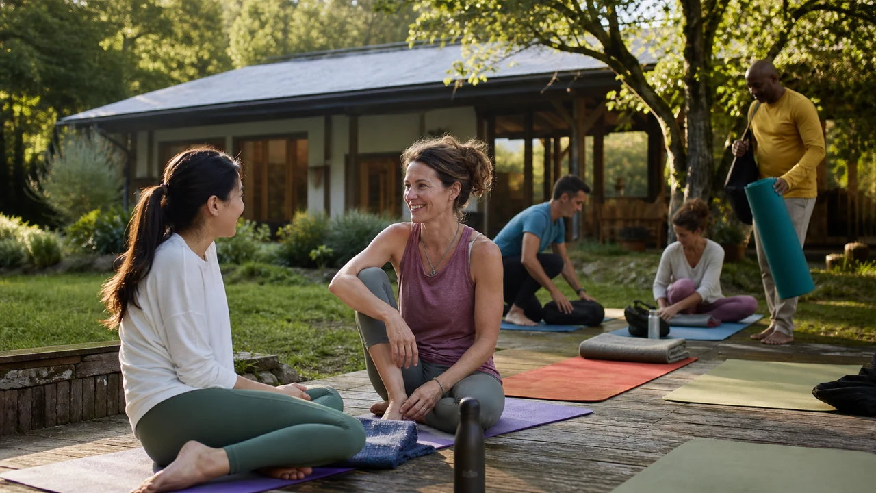Petit groupe d’adultes échangeant calmement après une séance de yoga devant un hébergement paisible en pleine nature