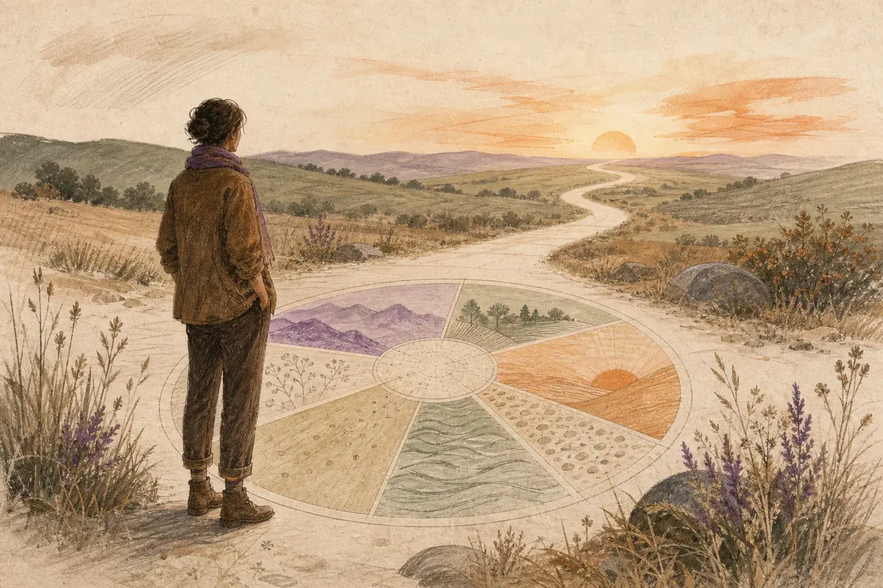Personne observant une roue de la vie illustrée au départ d'un chemin