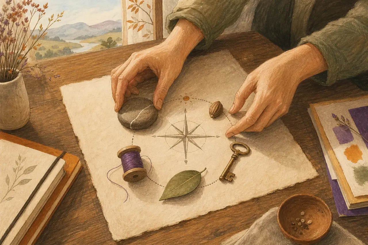 Mains disposant des objets symboliques autour d'une boussole dessinée