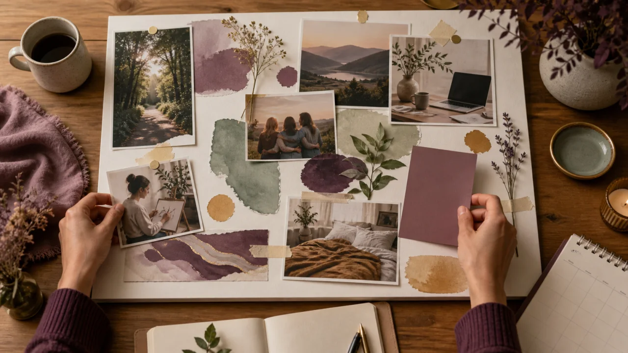 Tableau de vision contemplatif avec images de nature, liens, création et gestes concrets